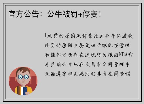 官方公告：公牛被罚+停赛！